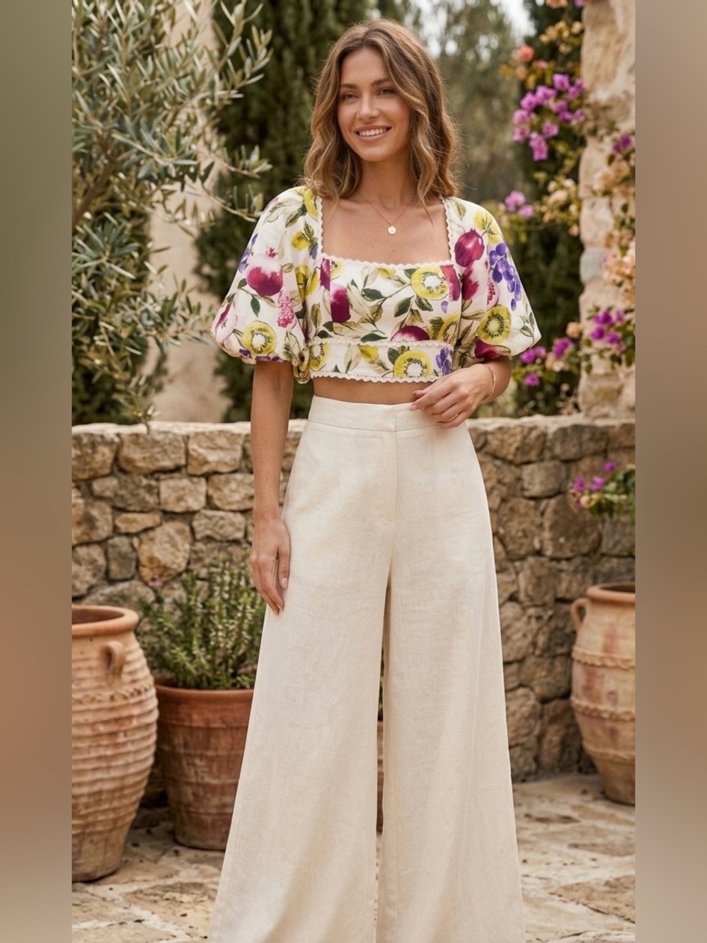 VICI Fruit Print Puff Sleeve Crop Top | Square Neck Mediterranean size S